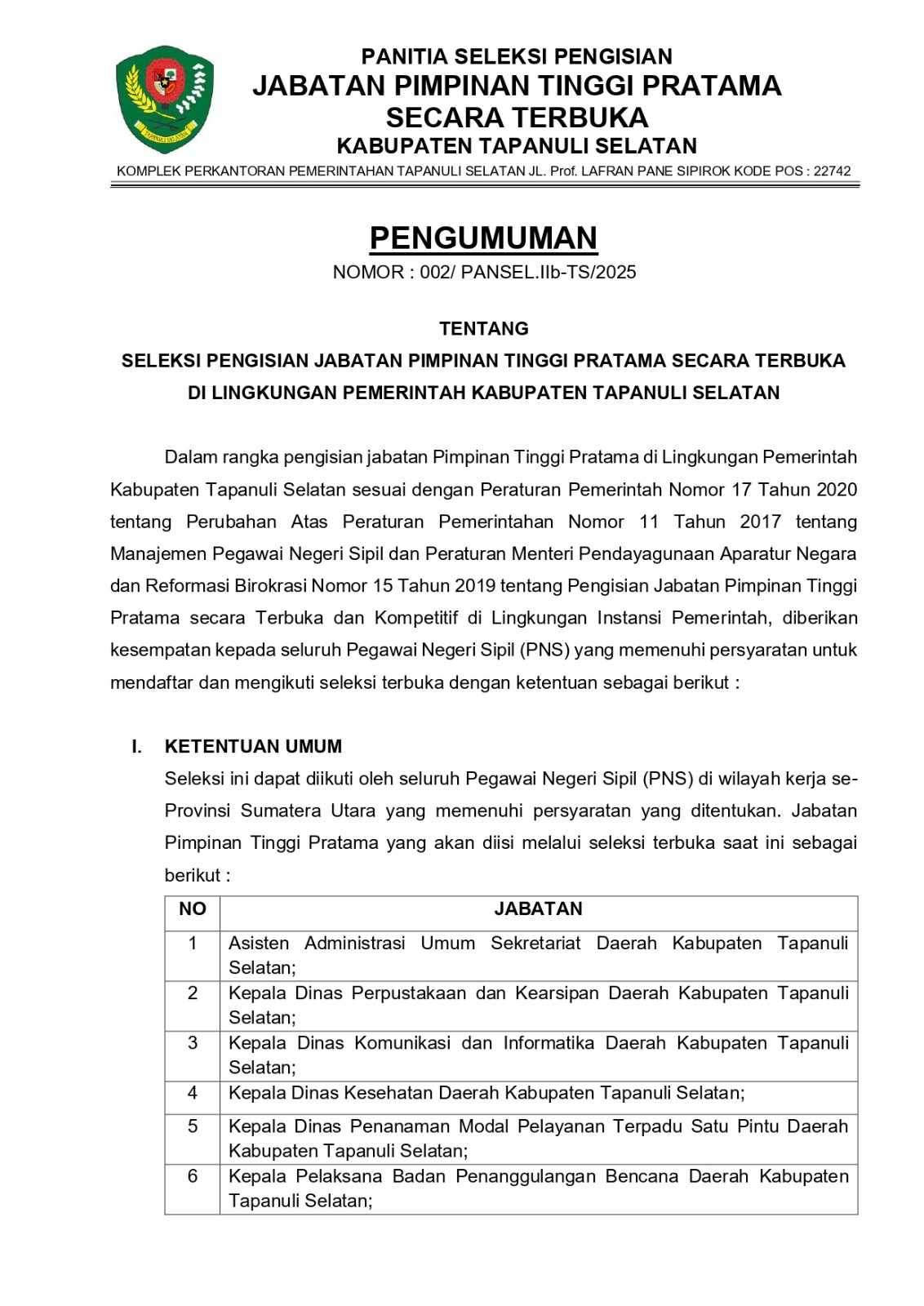 SELEKSI PENGISIAN JABATAN PIMPINAN TINGGI PRATAMA SECARA TERBUKA  DI LINGKUNGAN PEMERINTAH KABUPATEN TAPANULI SELATAN